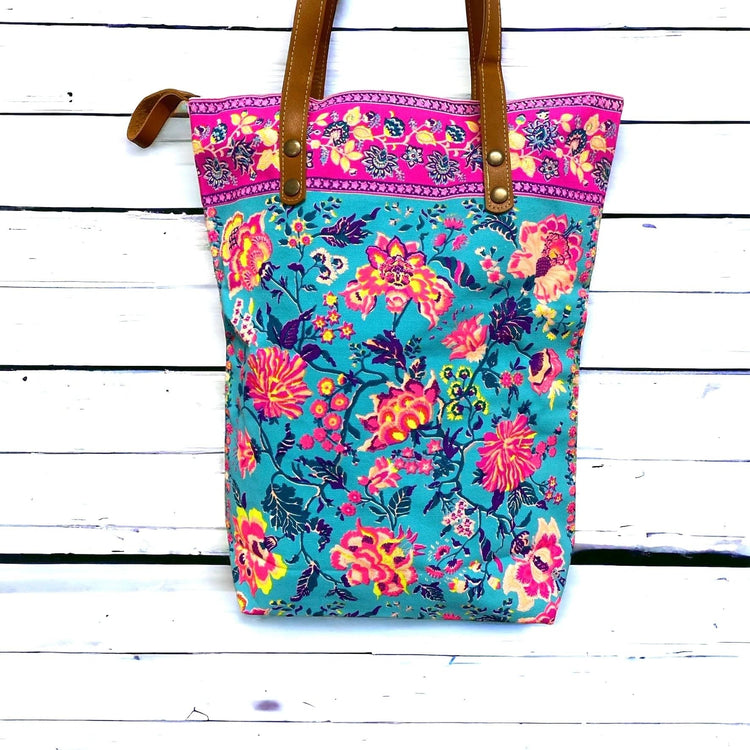 Lime and tangerine mandala on hot pink midi tote