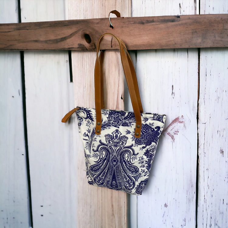 Navy paisley on white Midi tote