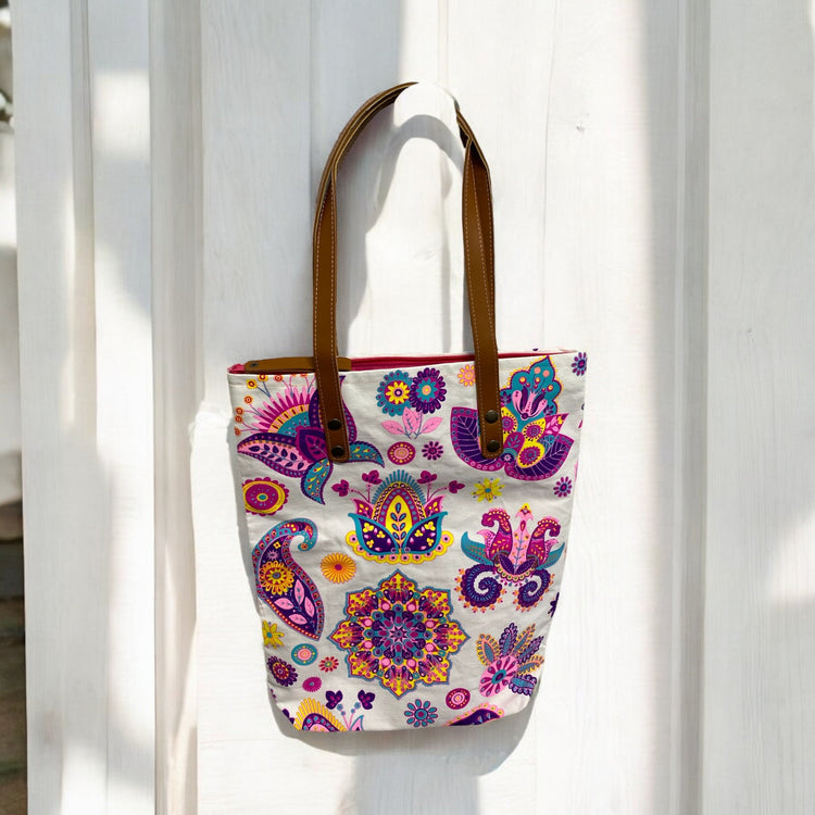 Spring mandala and blooms on white Midi tote
