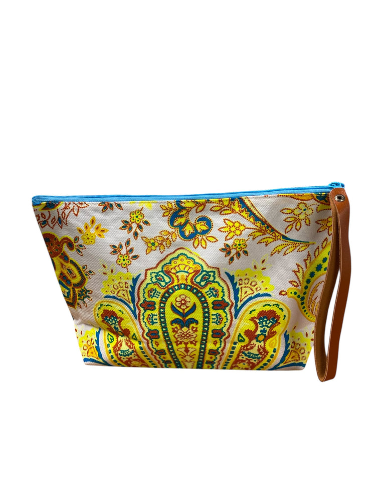 Lemon & aqua mandala on white clutch