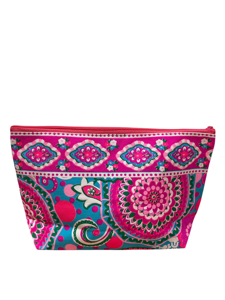 Candy pink and aqua on white clutch
