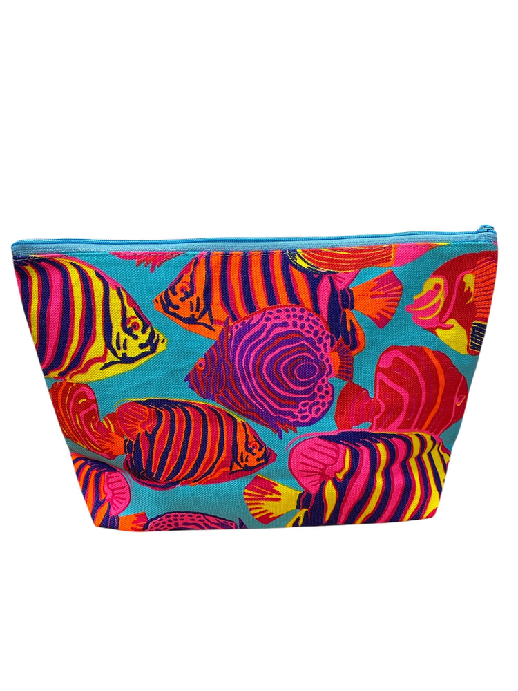 Vibrant tropical fish on aqua clutch