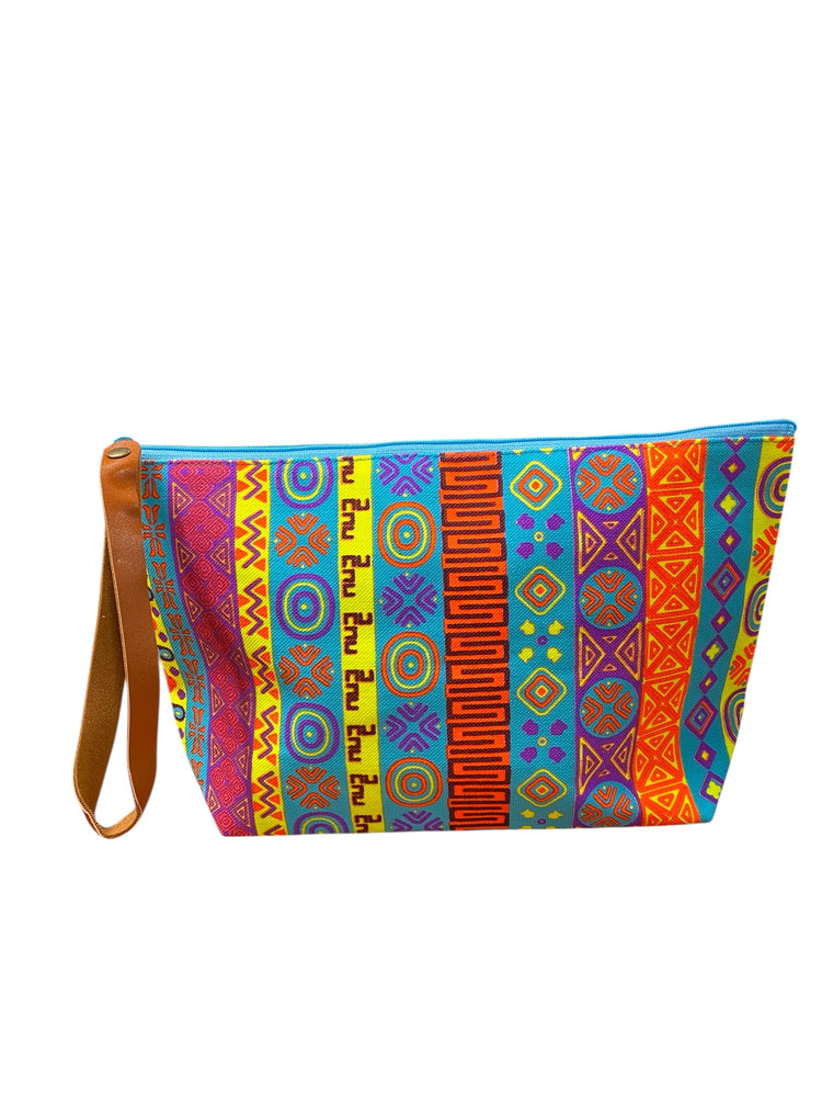 Citrus geo pattern on aqua clutch