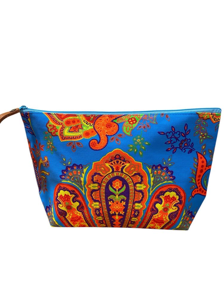 Tangerine and lemon paisley on aquamarine clutch
