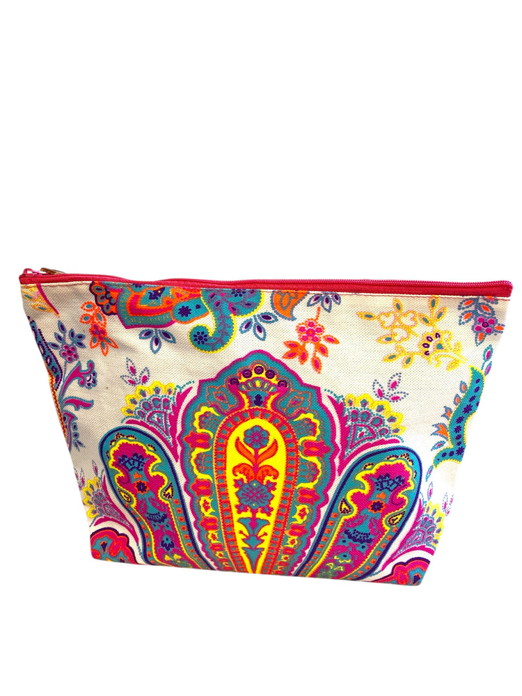 Neon yellow and vibrant pink paisley on white clutch