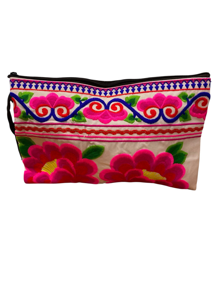 Hot pink poppy on white clutch