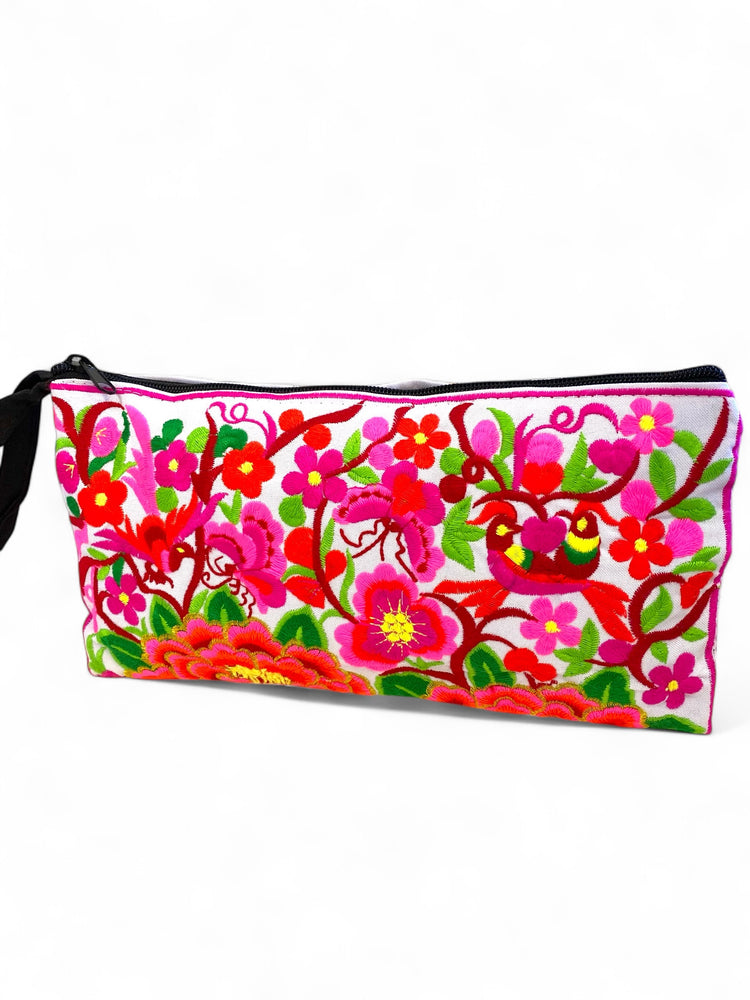 Neon pink florals & furry friends on white clutch