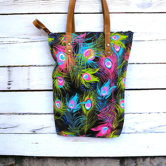 Neon peacock on licorice Midi tote