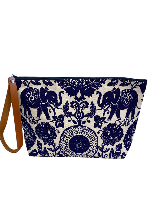 Navy happy elephants on white clutch