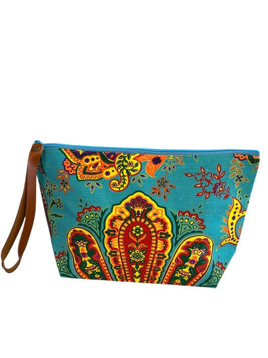 Sunshine yellow and orange paisley on turquoise clutch