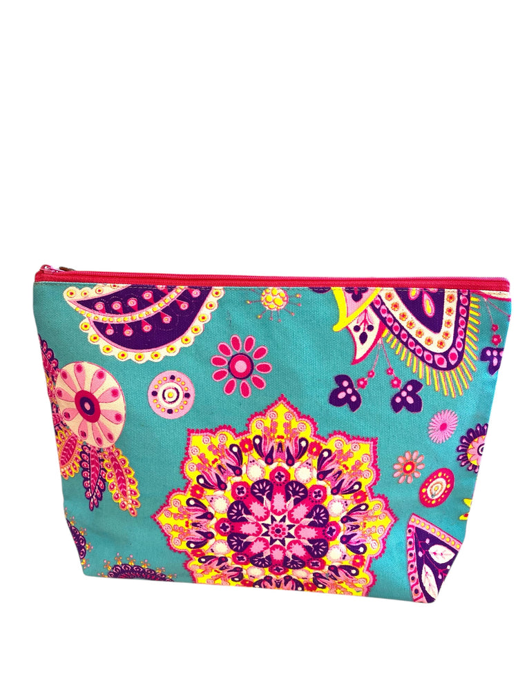 Musk pink and banana yellow mandala swirl on aqua clutch