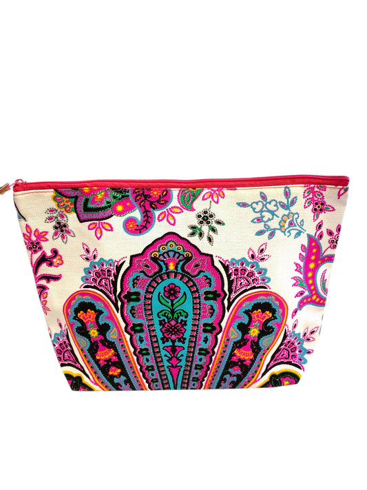 Pink and aqua paisley on white clutch