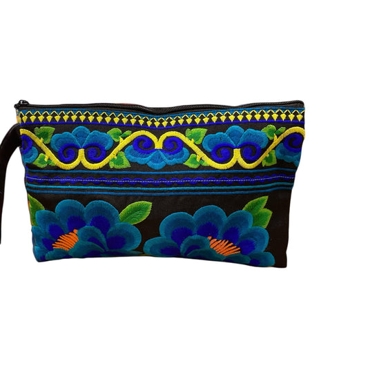 Aquamarine and cobalt blue poppy on licorice clutch
