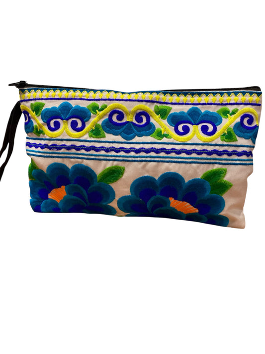 Aquamarine and cobalt blue poppy on white clutch