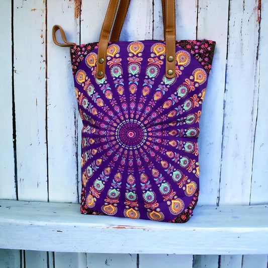 Violet mandala on purple midi tote
